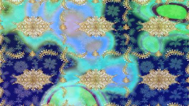 Barok tarzında altın çiçekli süs. Mavi renklerdeki altın element. Damask çizimi tekrarlanıyor. Antika altın tekrarlanabilir duvar kağıdı.