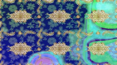 Damask çizimi tekrarlanıyor. Mavi renklerdeki altın element. Doku arka planında altın duvar kâğıdı. Barok tarzında altın çiçekli süs..
