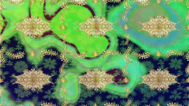 Geleneksel Arap dekoru yeşil renklerde. Çiçek süslemeli Raster eskiz deseni. Doğu tarzında klasik tasarım öğesi. Duvar kâğıdı için altın süslü bir illüstrasyon. Süslü dantel iz sürücü.