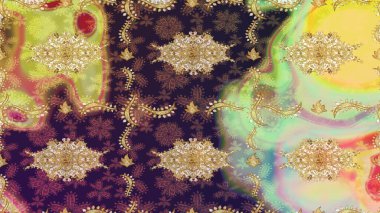 Doğum günü kartı, davetiye ya da afiş için iyidir. Kahverengi renklerde altın. Ortaçağ çiçek desenini çiz. Raster illüstrasyonu. Dekoratif simetri arabesk.