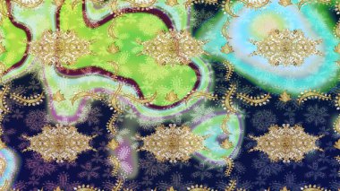 Geleneksel altın sarısı desenli mavi renkli ve altın elementli. Barok tarzında eskiz doğulu süsü..