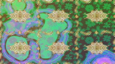 Raster illüstrasyonu. Soyut bir arkaplan çiz. Oriental raster klasik yeşil ve altın desenli.