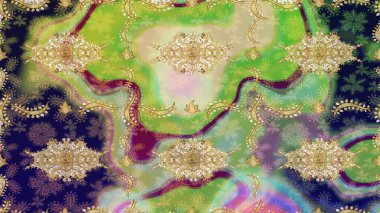 Çiçek desenli altın metal. Altın şablonu çiz. Tarafsız renkler ve altın elementler. Raster altın çiçek süsü brokar kumaş ve cam desenli..