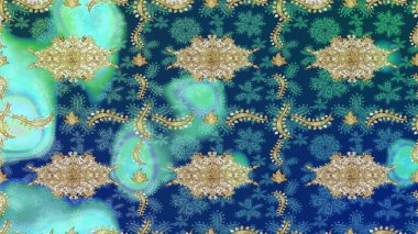 Altın karalama fantezi yapraklarından ve mavi renkli çiçeklerden Raster soyut çiçek çelengi. El yapımı dekoratif çerçeve, albüm kapağı, tebrik kartı, klasik Art deco tarzı.