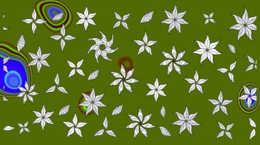 Çok yeşil zarif küçük çiçekler ve yeşil renkli komik böcekler, raster desen, illüstrasyon.