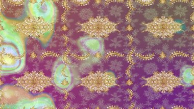 Kına dövmeli süs çiçekleri, altın çıkartmalar, mehndi ve yoga tasarımı, kartlar ve parmak izleri. Raster Golden Mehndi eskiz kalıbı. Mor renkte desen.