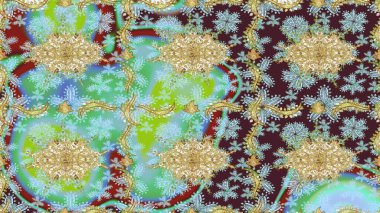 Süslü raster dekorasyonu. Barok tarzında duvar kâğıdı tasarımı için eskiz şablonu arka planı. Altın elementlerle nötr renklerde altın desen.