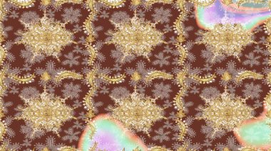 Kahverengi renklerde altın element. Barok tarzında altın çiçekli süs. Damask çizimi tekrarlanıyor. Antika altın tekrarlanabilir duvar kağıdı.