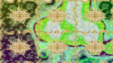 Doğu tarzı arabesk. Altın elementli yeşil renkler. Raster illüstrasyonu. Çizim altın desenli bukleler. Raster altın desen.