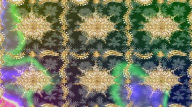 Yeşil renkler ve altın elementler üzerine çizim. Klasik klasik klasik arka plan. Klasik Raster altın desenini çiz. Geleneksel oryantasyon süsü.