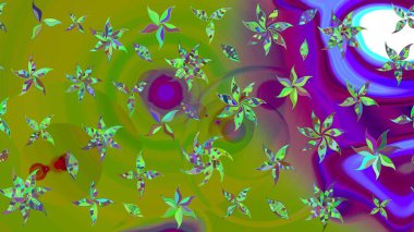 Yeşil renkli çiçekler. Raster illüstrasyonu. Çiçek desenli eskiz, vuruşlar, sıçramalar, yaz çiçekleri..