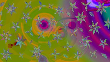 Kumaş desenli papatya çiçeği detayı. Yeşil ve mor renkte çiçekler.