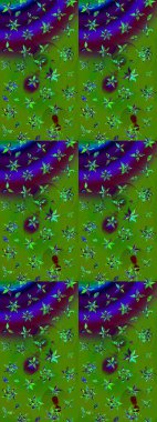 Çiçek yeşili ve mavi çizim deseni. Klasik taslak çizimi. Raster Yumuşak kumaş deseni. Raster çiçek izi..