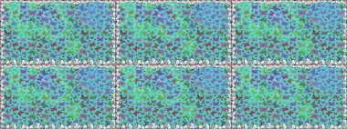 Raster. Bir sürü kelebek desenli kusursuz desen. Mavi, yeşil ve nötr renklerde resimler. Erkekler, kızlar, kıyafetler, duvar kağıtları için soyut bir model. Fantezi illüstrasyon.
