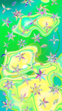 Küçük çiçekli basit bir çiçek çizimi. Yeşil ve sarı renkli şirin çiçekler. Moda baskısı, albüm, ambalaj kağıdı ve duvar kağıdı için zarif dekoratif süslemeler. Raster illüstrasyonu.