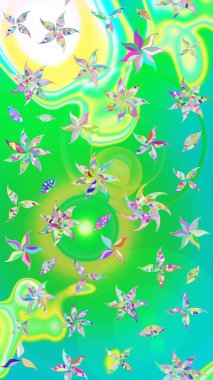 Çiçekli karalama şeklinde Raster çiçek deseni. Nazik, narin çiçek arkaplanı. Yeşil ve mavi renkte çiçekler.