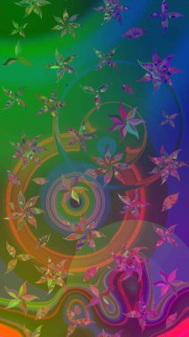 Çiçek desenli çizim. Raster illüstrasyonu. Asya tekstil tarzında. Yeşil ve mavi renkte çiçekler. Raster illüstrasyonu.