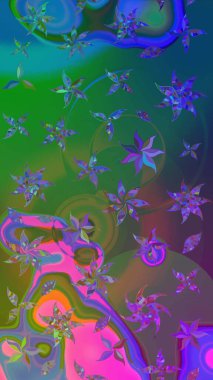 Raster illüstrasyonundaki çiçek desenli çizim. Suluboya tarzında yeşil ve mavi renkte çiçekler.