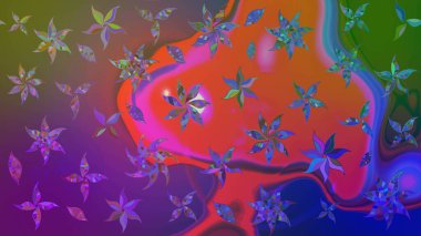 Raster düz çiçek çizim deseni. Hediye ambalaj kağıdı, tebrik kartları, posterler ve pankart tasarımı. Mor ve mor renkte çiçekler.