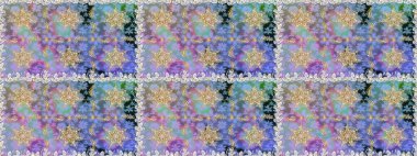 Raster illüstrasyonu. Tarafsız ve mavi renklerde altın. Kusursuz ortaçağ çiçek deseni. Dekoratif simetri arabesk. Doğum günü, davetiye ya da afiş için tebrik kartı.