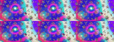 Raster illüstrasyonu. Çiçek desenli çizim. Mavi ve mor renkli Asya tekstili.