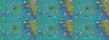 Çiçekli yumuşak bir eskiz şekli. Raster illüstrasyonu. Raster çiçekleri klasik tarzda çizilmiş. Mavi ve yeşil renklerde bahar çiçekleri..