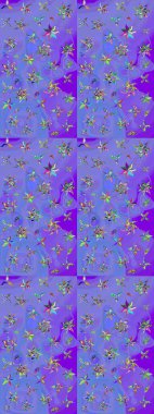 Mor ve mavi renkte çiçekler. Raster illüstrasyonu. Çiçek desenli çizim. Asya tekstil tarzında. Renkli Bahar Teması eskiz kalıbı. Düz Çiçek Elementleri Tasarımı.