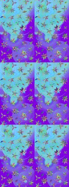 Düz Çiçek Elementleri Tasarımı. Mor ve mavi renkte çiçekler. Renkli Yaz Temalı eskiz kalıbı. Raster illüstrasyonunda çiçek deseni çizimi.