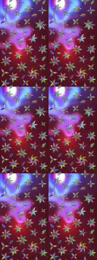 Raster deseni. Raster illüstrasyonu. Patlayan çiçekler soyut olarak yerleştirilmiş. Mor ve mor renkte bahar çiçekleri..