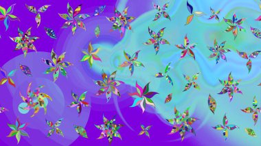 Düz Çiçek Elementleri Tasarımı. Renkli Yaz Temalı eskiz kalıbı. Mor ve mavi renkte çiçekler. Raster illüstrasyonunda çiçek deseni çizimi.