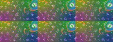 Çocuk stili. Çiçekli eskiz arkaplanı. Renkli Bahar Teması eskiz kalıbı. Düz Çiçek Elementleri Tasarımı.