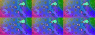 Mavi ve mor renkli çiçekler. Tatil havası. Raster güzel bir çiçek deseni çizmiş. Bahar mevsimi. Nazik romantik baskı.