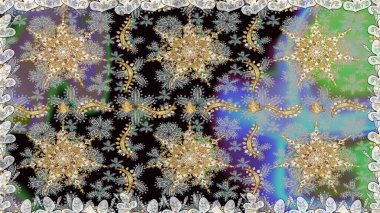 Damask arkaplanı. Barok tarzında altın çiçekli süs. Gri renklerdeki altın element. Altın çiçekli, pürüzsüz desen.