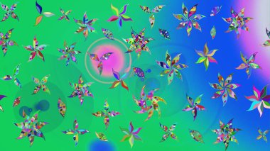 Çok yeşil ve mavi zarif küçük çiçekler ve yeşil ve mavi renkli komik böcekler, raster desen, illüstrasyon.