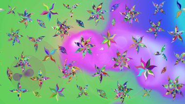 Renkli Yaz Temalı eskiz kalıbı. Yeşil ve mor renkli çiçekler. Raster illüstrasyonundaki çiçek desenli çizim. Düz Çiçek Elementleri Tasarımı.