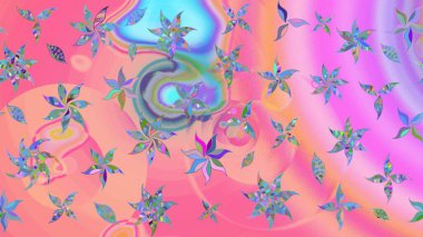 Raster illüstrasyonundaki çiçek desenli çizim. Pembe ve mavi renkte çiçekler. Renkli Yaz Temalı eskiz kalıbı. Düz Çiçek Elementleri Tasarımı.