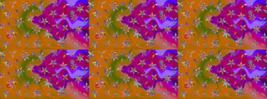 Küçük çiçekli yay deseni çiz. Raster illüstrasyonu. Suluboya tarzında turuncu ve mor renkler üzerine.