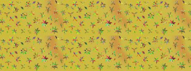 Çok renkli ve yeşil zarif küçük çiçekler ve sarı ve yeşil renkli komik böcekler, raster desen, illüstrasyon.