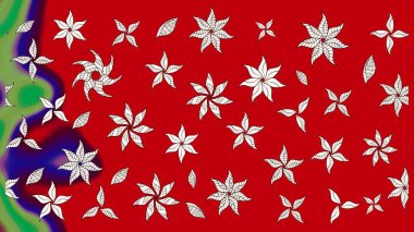 Şirin çiçekli eskiz deseni ve kırmızı renklerde yapraklar, suluboya çiçek deseni, duvar kağıdı, kart veya kumaş için fayanslı. Raster illüstrasyonu.