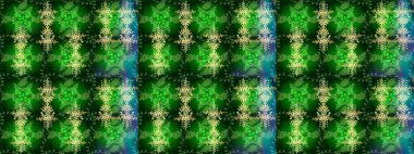 Kar tanelerinin soyut arkaplanlı Noel şablonu. Noel ve yeni yıl moda baskıları için tatil tasarımı. Raster illüstrasyonu. Yeşil, mavi ve sarı renkler.