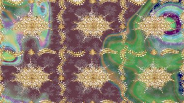 Klasik altın desenli çizim. Kahverengi renklerde altın desenler ve altın elementler. Raster geleneksel oryantasyon süsü.