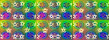 Raster illüstrasyonu. Noel ve yeni yıl moda baskıları için tatil tasarımı. Yeşil, mavi ve sarı renkler. Kar tanelerinin soyut arkaplanlı Noel deseni.