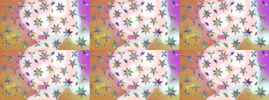 Renkli desenli eskiz deseni, nötr ve turuncu çiçekler ve dekoratif elementler. Eskiz geçmişi. Raster illüstrasyonu. Kumaş, tekstil, duvar kağıdı baskısı için. Antika retro tarzı.