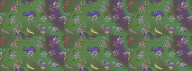 Kar tanelerinin soyut arkaplanı olan şirin bir Noel arkaplanı. Noel ve yeni yıl moda baskıları için tatil tasarımı. Renkler. Yeşil, gri ve mor kar taneleri. Raster illüstrasyonu.