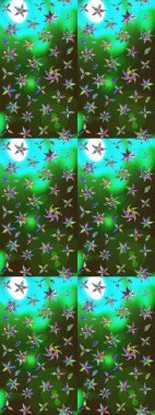 Yeşil ve gri renklerde bahar çiçekleri. Patlayan çiçekler soyut olarak yerleştirilmiş. Raster illüstrasyonu. Raster deseni.