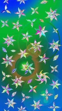 Klasik çiçekler. El çizimi, soyut ve süslü elementler. Yaz çiçekleri teması. Yeşil ve mavi renkler. Suluboya resim taklit Raster illüstrasyonu.