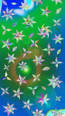 Çiçekli karalama şeklinde Raster çiçek deseni. Yumuşak, bahar çiçekli arka plan. Yeşil ve mavi renkte çiçekler.