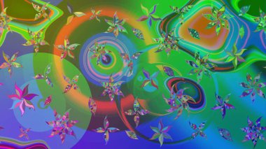 Çiçek desenli raster, yeşil ve mavi çizgi grafik desenli soyut raster arkaplan. Modern stil dokusu.