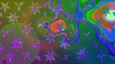 Çiçekli karalama şeklinde Raster çiçek deseni. Yumuşak, bahar çiçekli arka plan. Yeşil ve mavi renkte çiçekler.