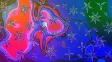 Çiçek ve yapraklı karalama şeklinde Raster çiçek deseni. Yumuşak, bahar çiçekleri mavi ve mor renklerde. Raster illüstrasyonu.